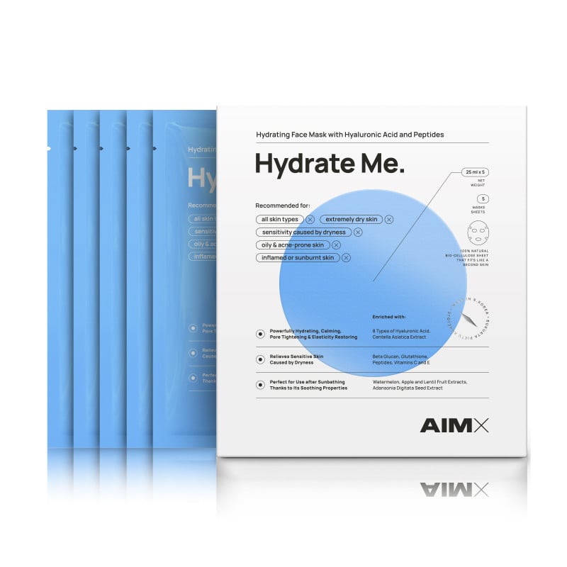 AIMX HYDRATE ME greito poveikio giliai drėkinanti lakštinė veido kaukė su peptidais, 5vnt