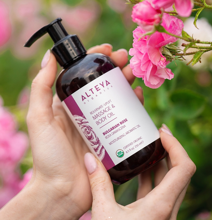 Alteya Organics ekologiškas masažo ir kūno aliejus su Damasko rože, 250 ml