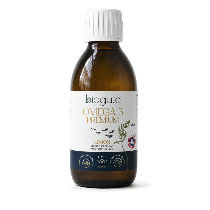 Bioguto Omega-3 Premium žuvų taukai LEMON, 300 ml