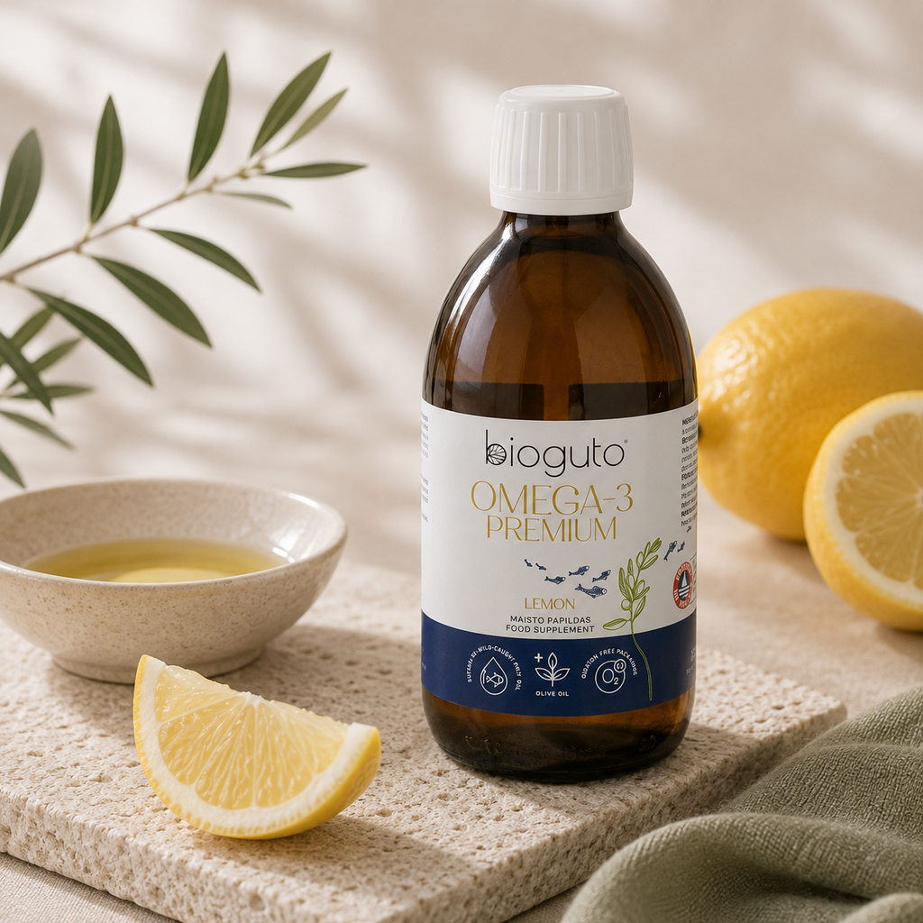Bioguto Omega-3 Premium žuvų taukai LEMON, 300 ml